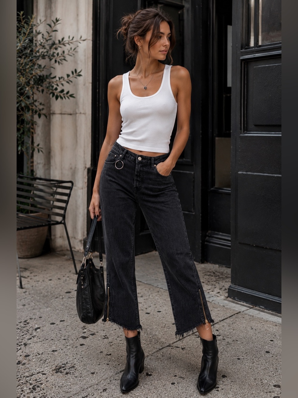 ZARA WOMAN Black Ankle Zip Distressed Premium Denim Cropped Relaxed Fit Jeans 10